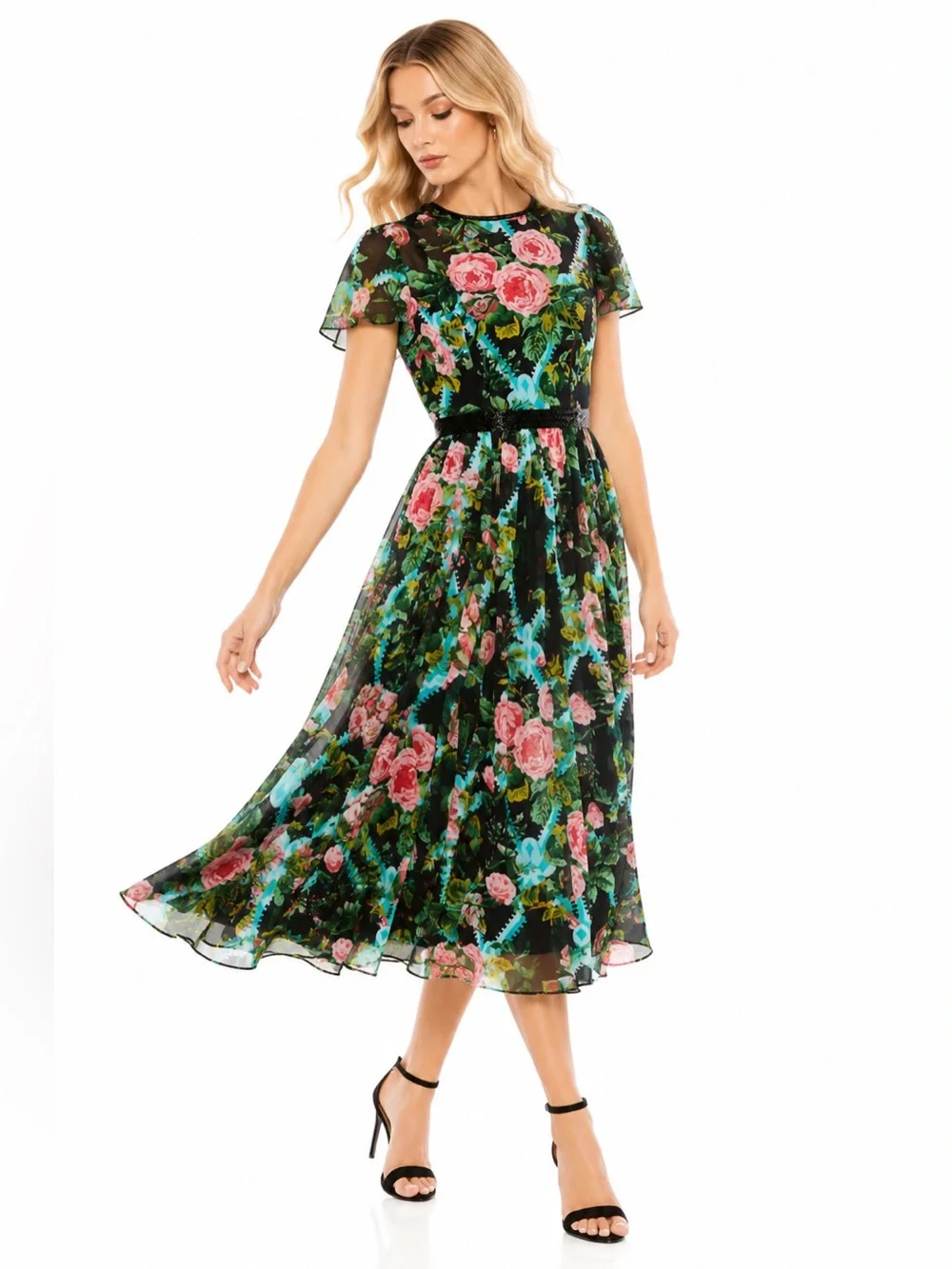 Mac Duggal Floral Illusion Cap Sleeve Midi Dress Black Multi Sheer NWT Size 8 - Picture 2 of 11